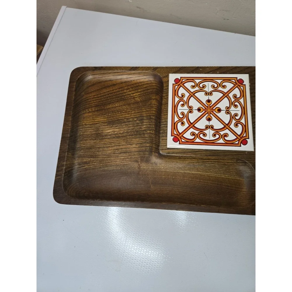 Vtg 1970s Japanese Keyaki Wood Cheese Board Charcuterie Tray Orange Scroll Tile